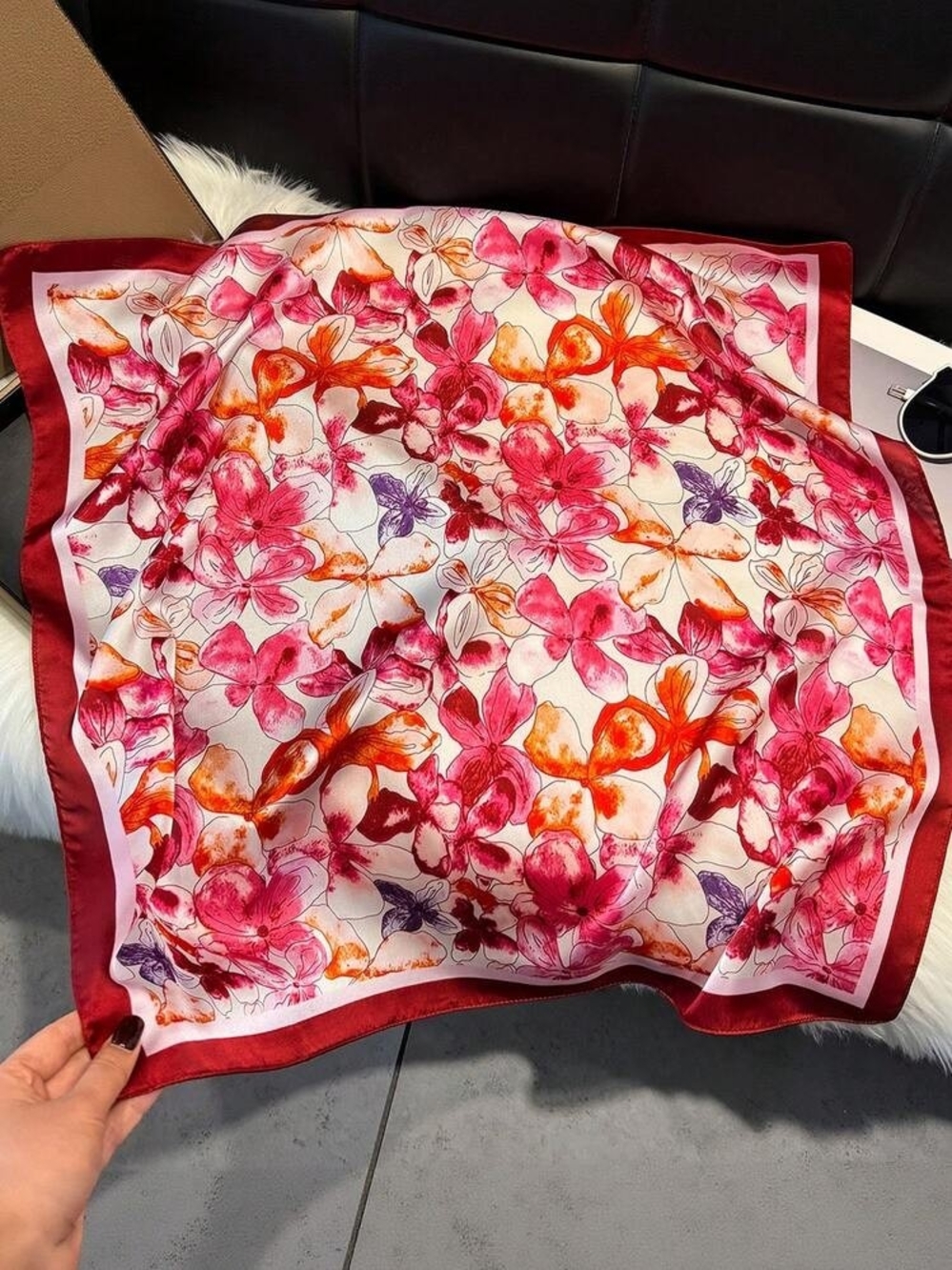 Silk-feel Floral Square Scarf in Pink & Red 70*70cm